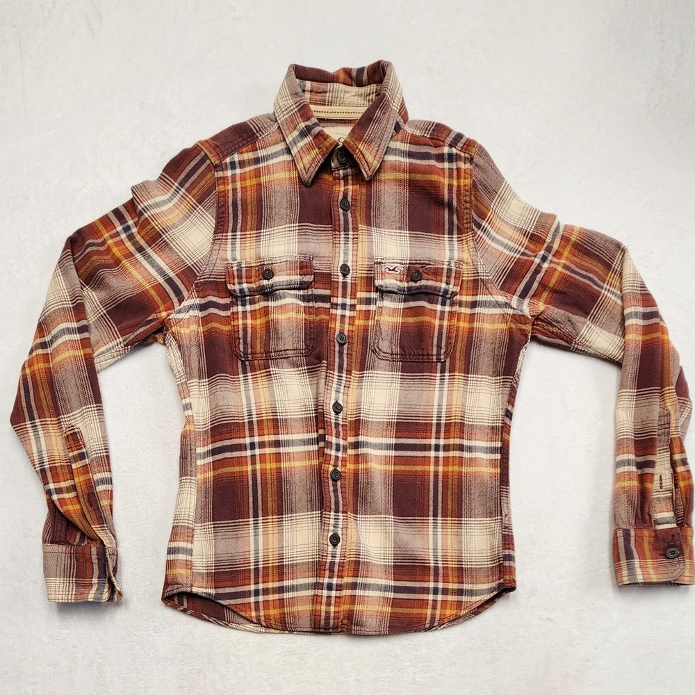 Hollister Flannel Shirt Plaid Button Down Brown Orange Mens Small Gorpcore